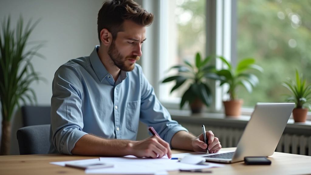 Designer werkt aan formulierontwerp op laptop met notitieblok en kleurstalen op het bureau